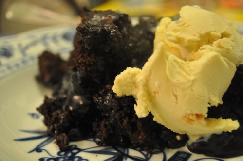 Hot chocolate fudge pudding with vanilla ice cream