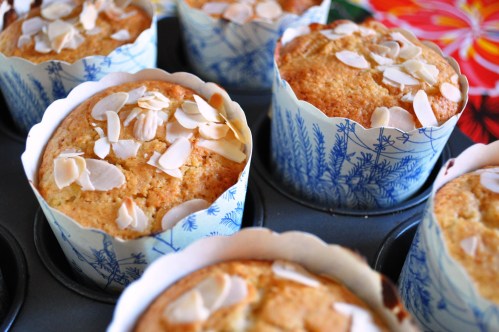 Freshly baked plum and almond muffins