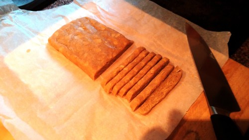 Slicing the slab. These slices are a bit thick Slicing the slab