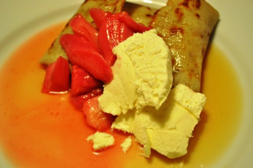 Buckwheat pancakes with rhubarb compote