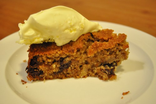 Pear, choc, hazelnut cake, with clotted cream